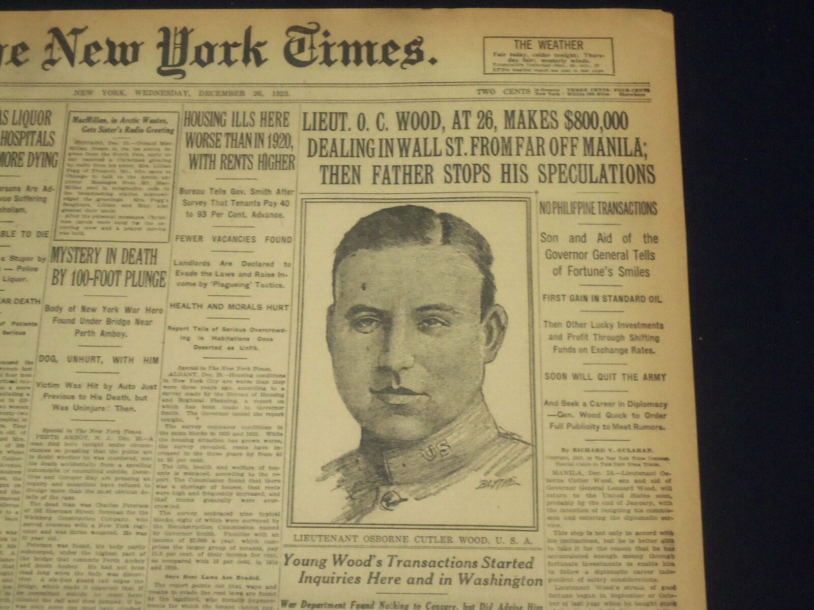 1923 DECEMBER 26 NEW YORK TIMES - LIEUT. O.C. WOOD MAKES $800,000 - NT 9224
