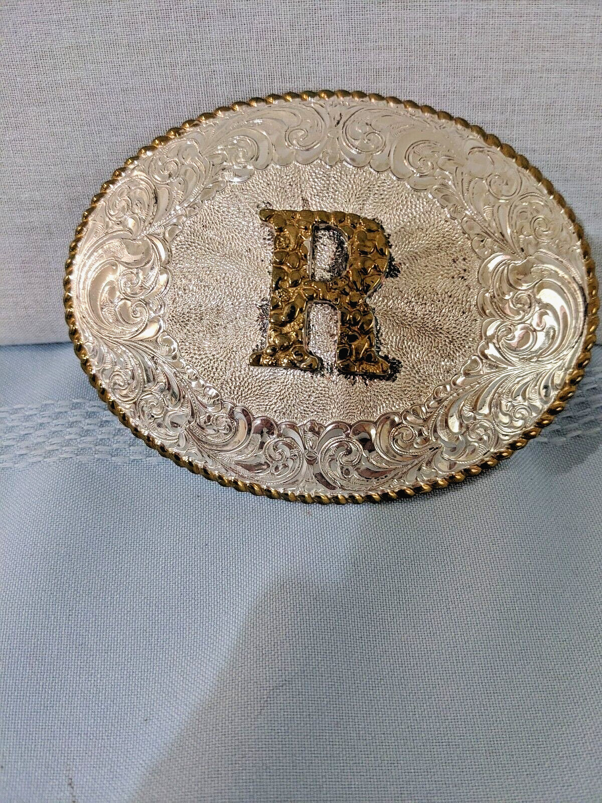 Crumrine Western Belt Buckle Initial R Heavy Silver Plate on Jewelers Bronze