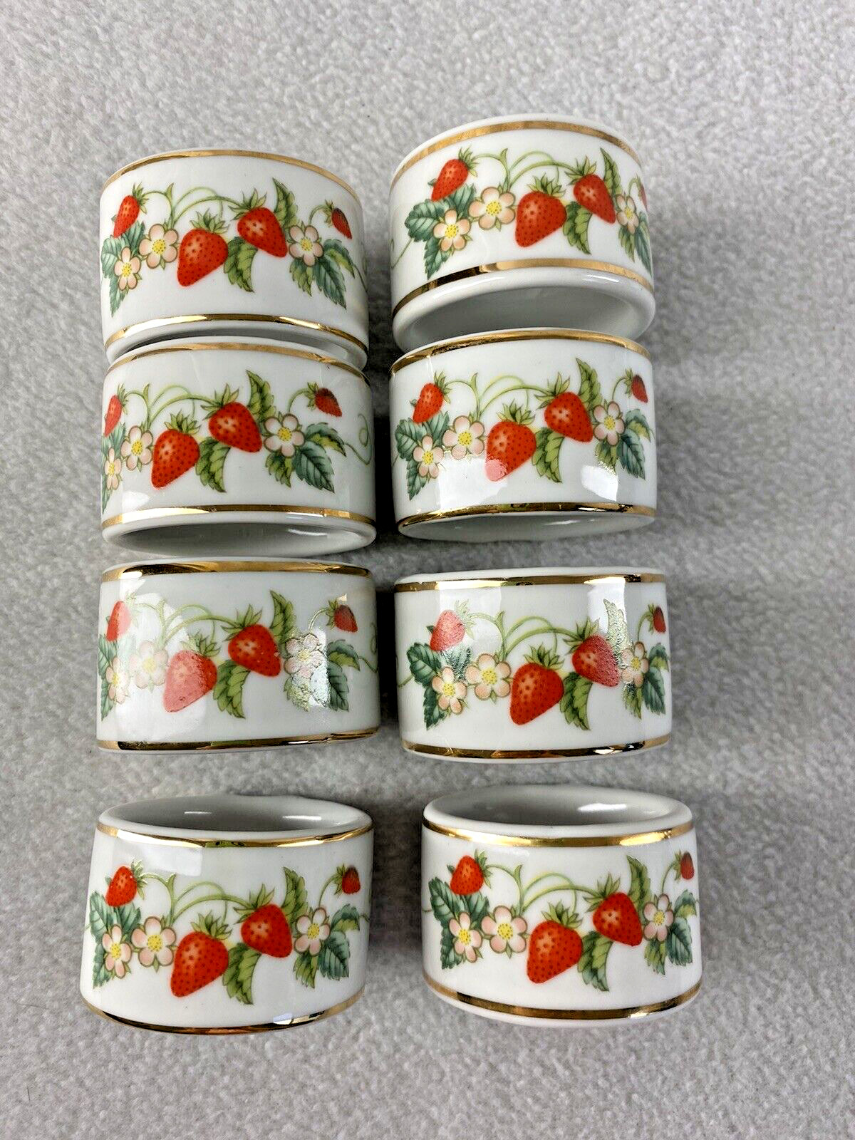 8 Vintage Avon Strawberry Pattern Gold Trim Ceramic Porcelain Napkin Rings 