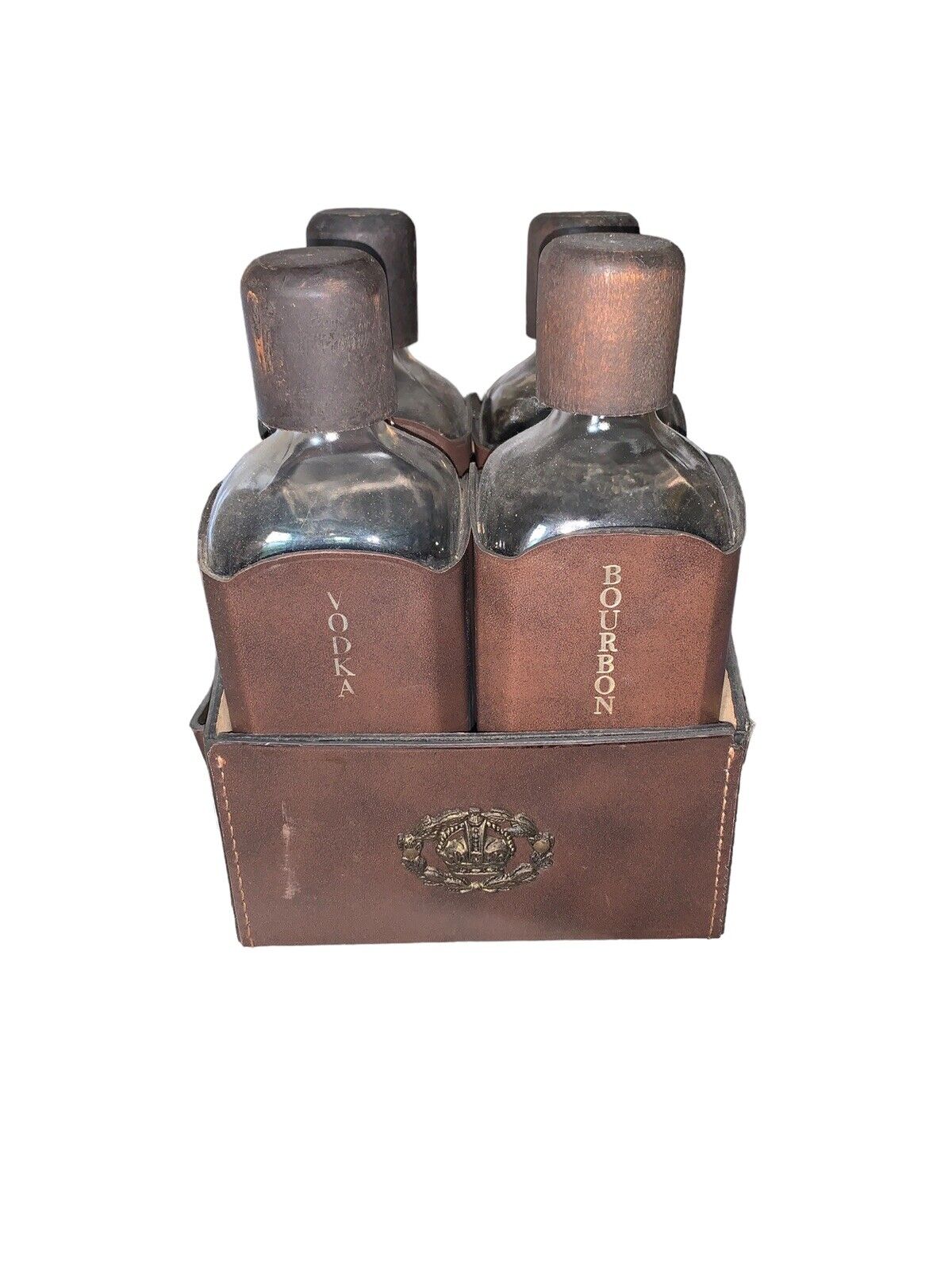 20th Century English Leather Wrapped Glass Liquor Bottles & Caddie By Albro,