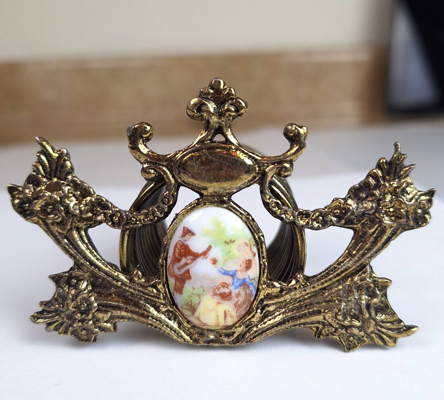 ANTIQUE VICTORIAN Brass Letter Card Holder Hand Painted Cameo Ceramic Cabochon