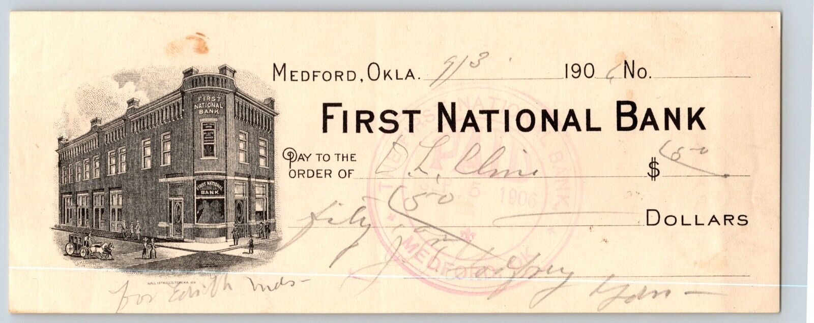 Medford, Oklahoma 1906 Territorial FNB Check w/ Building Vignette Scarce