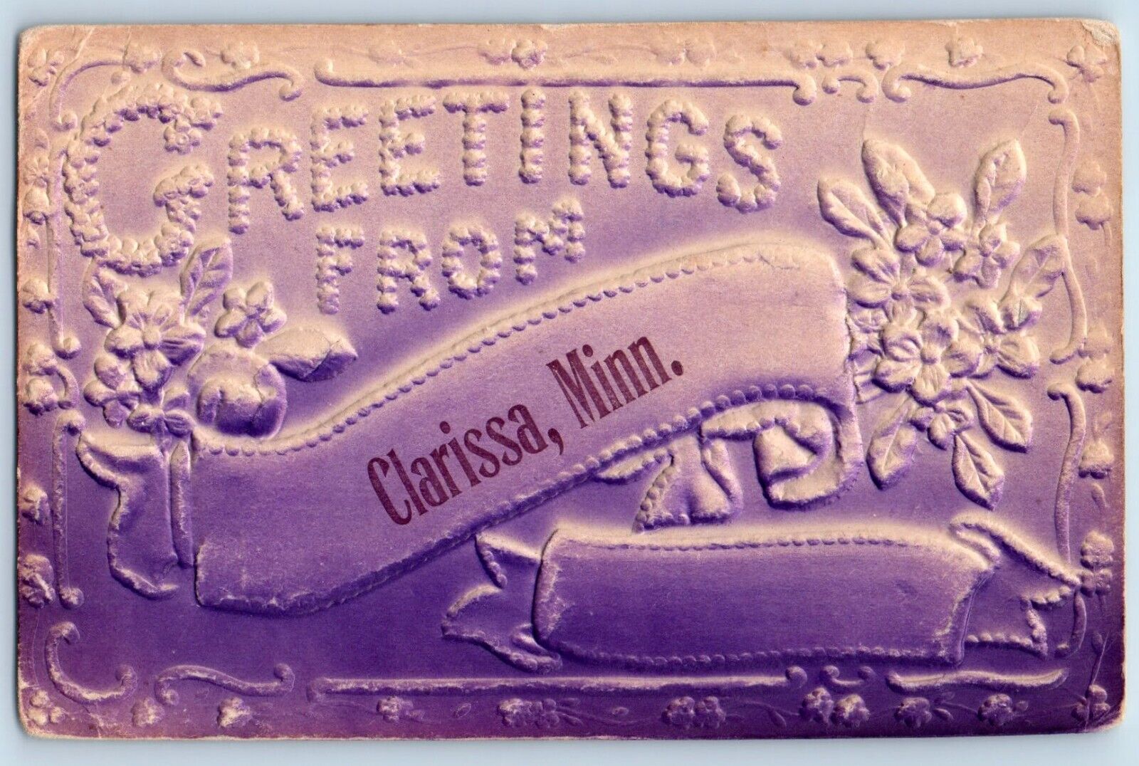 Clarissa Minnesota Postcard Greetings Airbrushed Embossed c1910 Vintage Antique