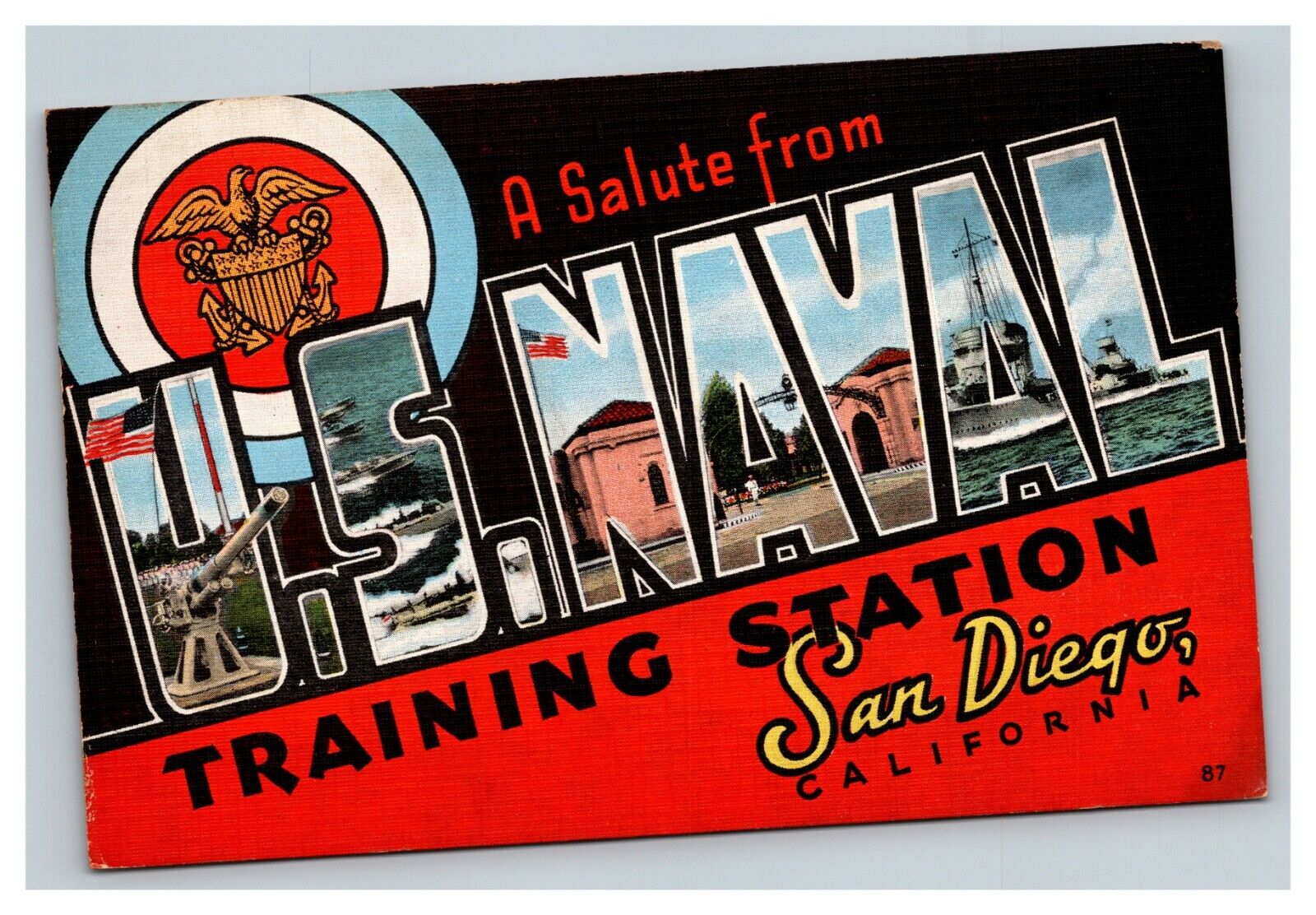 Vintage 1946 Military Postcard Greetings US Naval Training Station San Diego CA