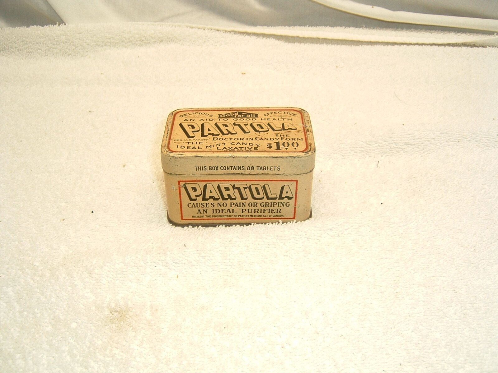 Vtg Antique Partola Candy Laxative Can, Quack Medicine Tin
