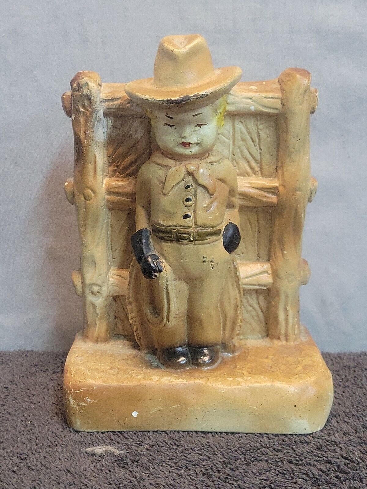L~Vintage Rare 1940-50\'s Chalkware Circus Carnival Prize Young Cowboy by Fence