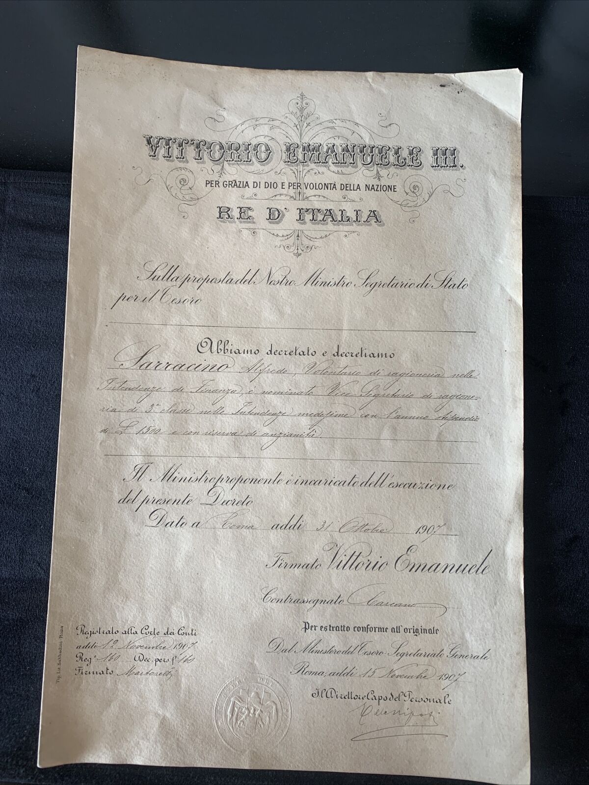 Vittorio Emanuele III, Title Ragioniere Finance Decree Short Of Conti 1907