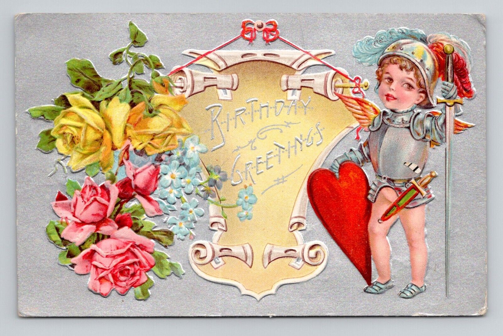 Postcard Birthday Greeting w/ Roses & Boy Knight, Antique a8