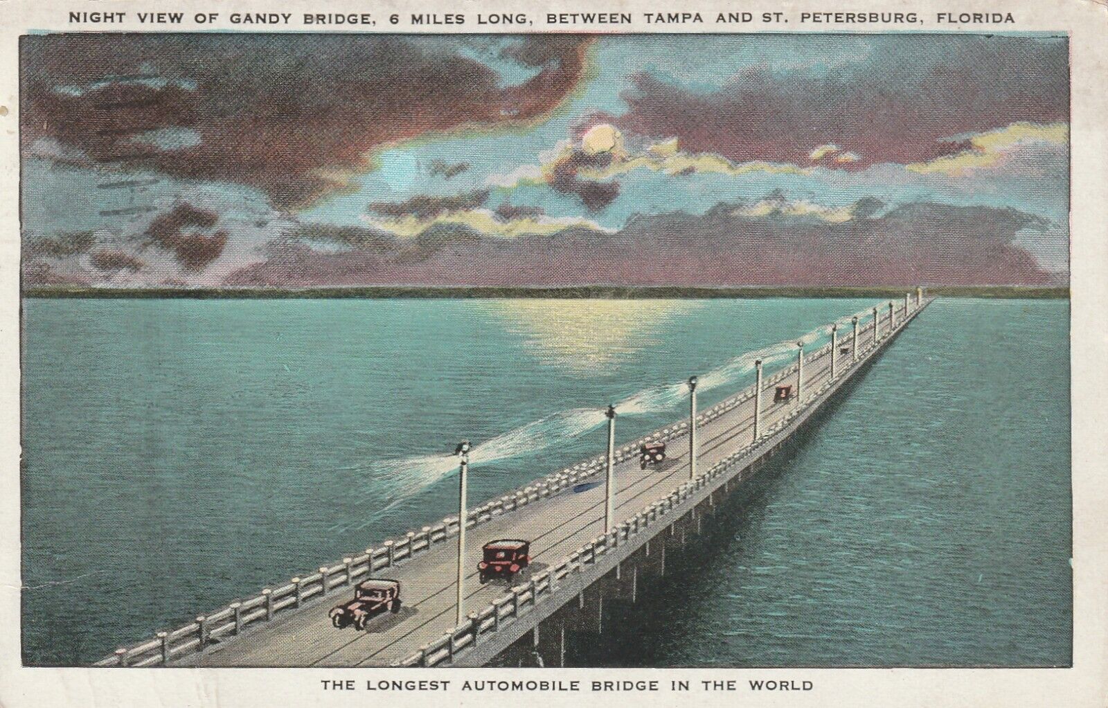 Vintage Postcard 1932 Night View of Gandy Bridge Bet. Tampa & Petersburg Florida