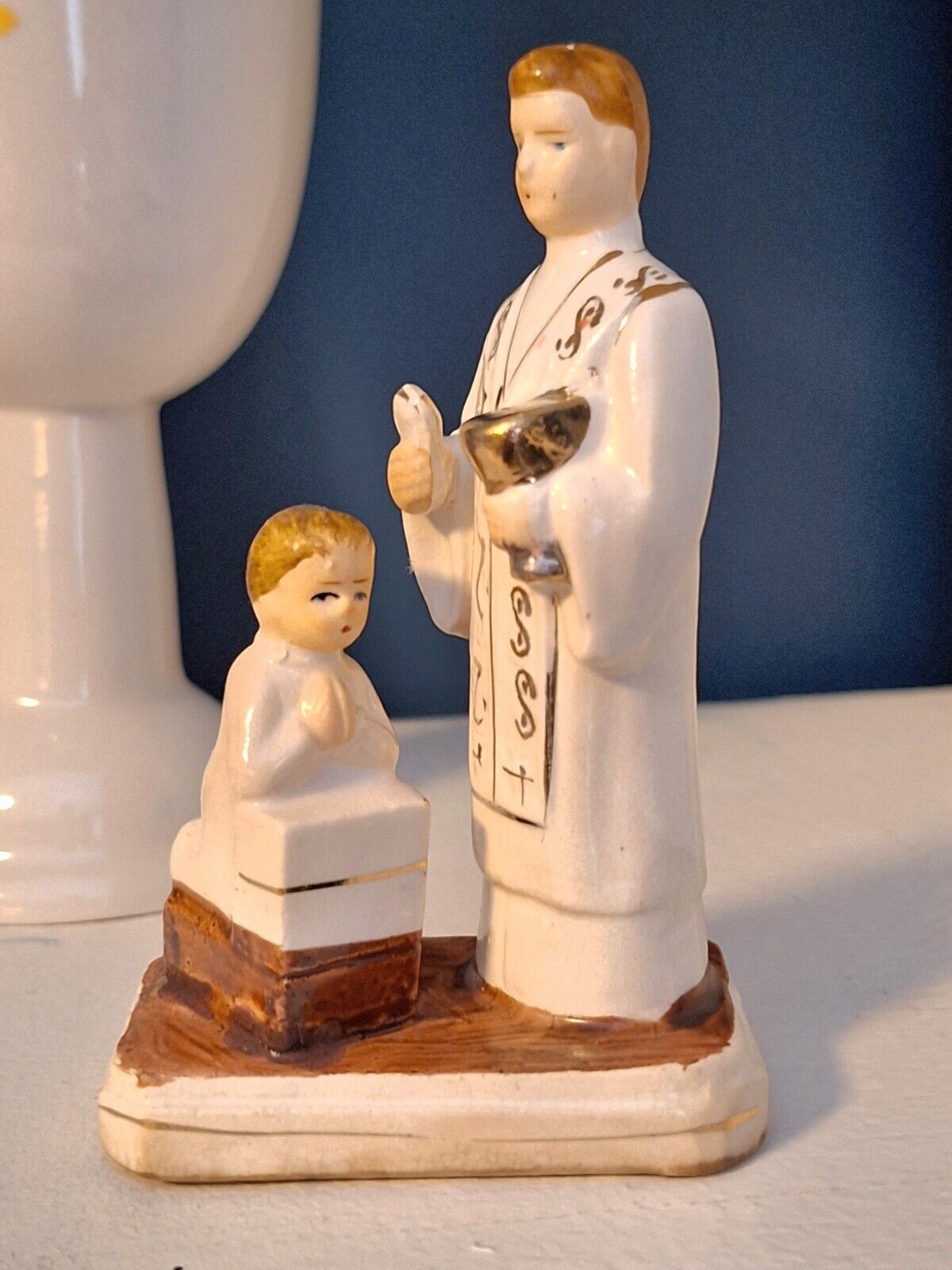 Vintage 1960s First Communion  Boy & Priest Hand-painted Ceramic Figurine