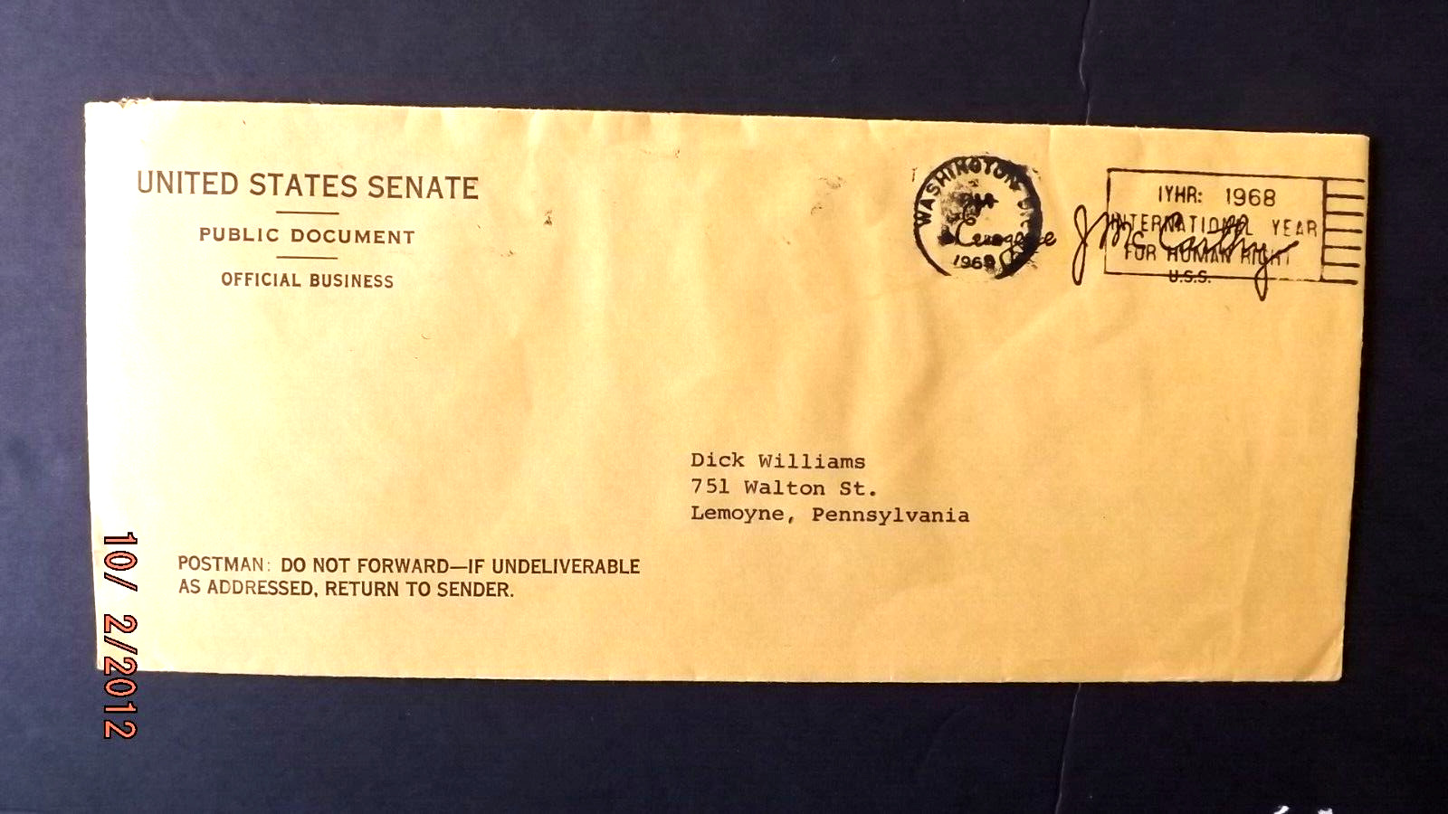 Senator Joe McCarthy Cover -     1968  Washington, DC     Legal Size Envelope