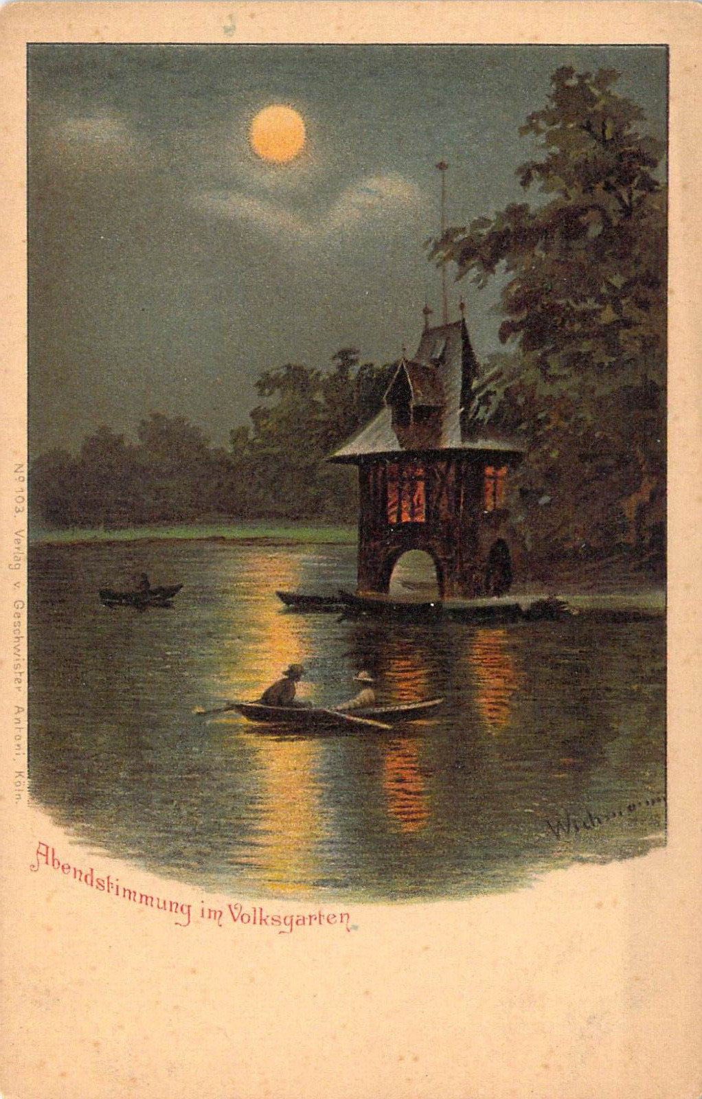 c. 1906, German Row Boats on a Lake, Night View, Old Post Card