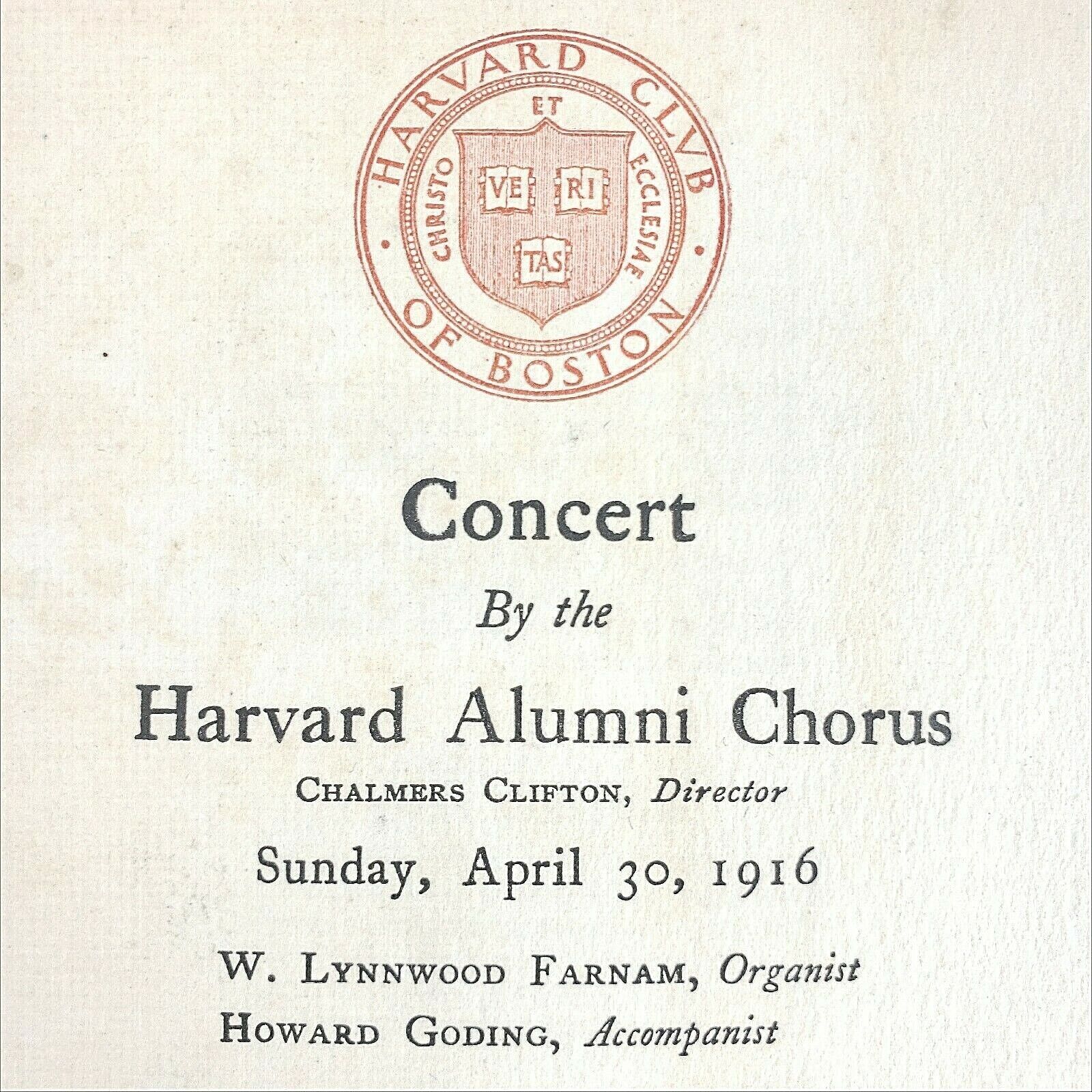 Harvard Alumni Chorus Concert Program 1916 Chalmers Clifton Farnam Howard Goding
