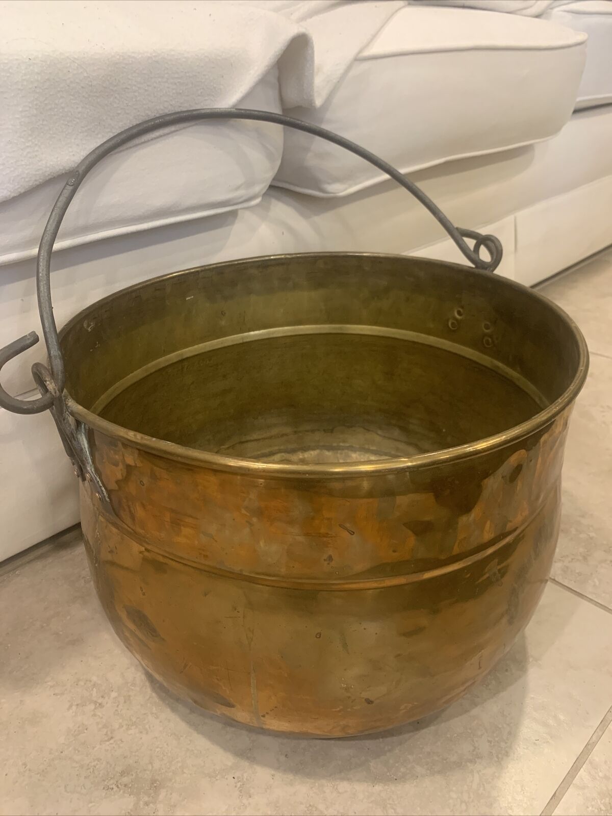 Antique 15”  Brass Copper Cauldron Bucket Pot Kettle Wrought Iron Vtg Planter
