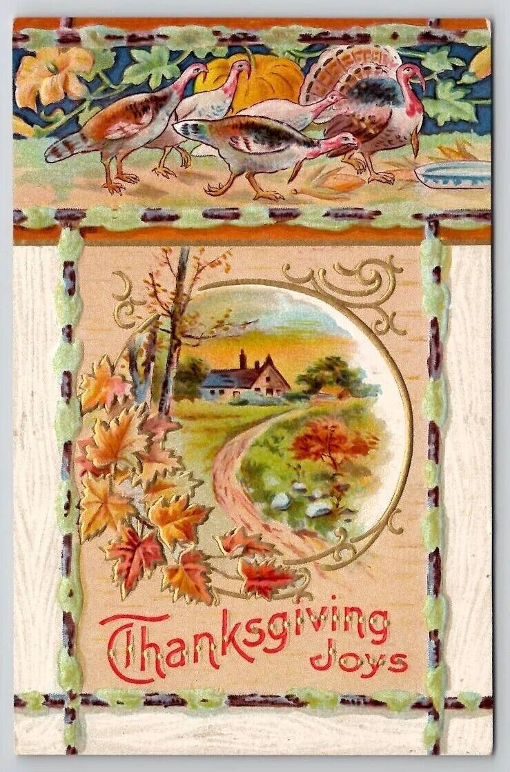 Thanksgiving Joys Turkeys Pumpkins Fall Leaves County Road Gilded Postcard J26