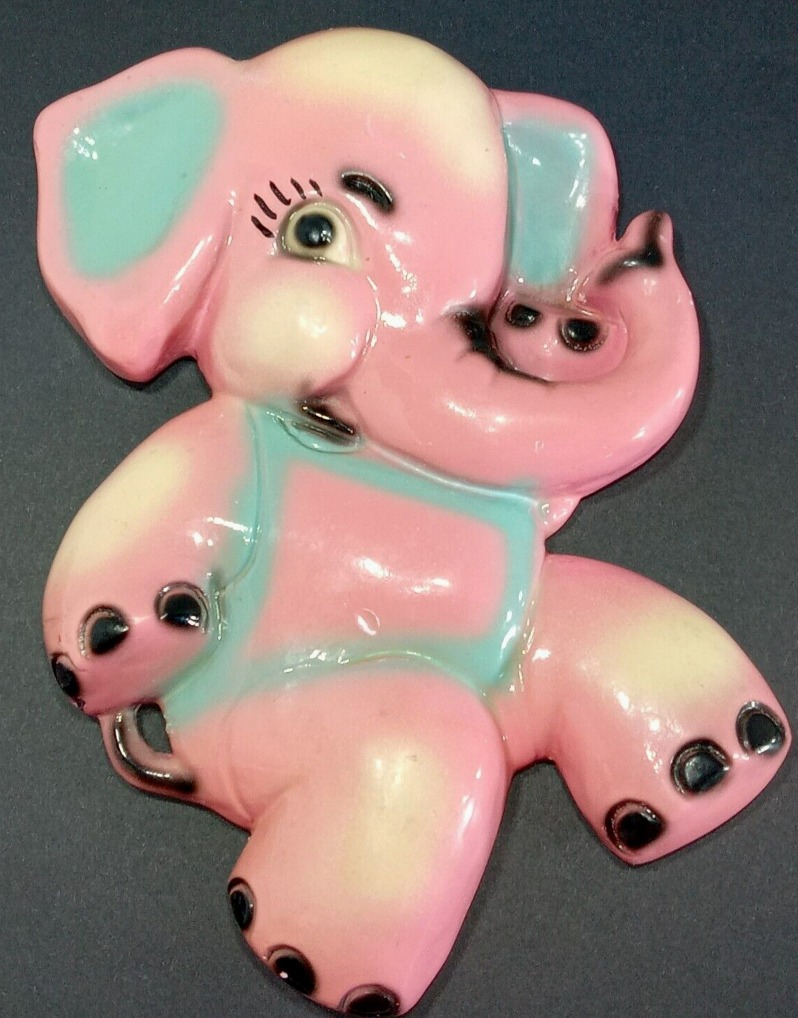Vintage Kitsch Elephant Chalkware Figure Hand Painted Pink Blue 1950s Wall Hang