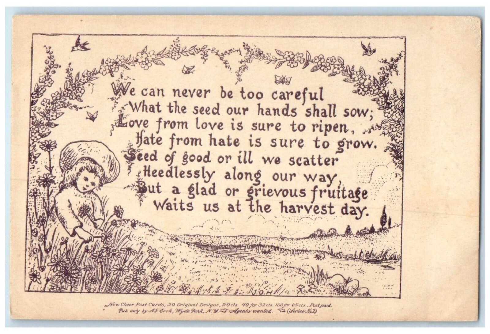 c1905 Girl Picking Flowers Field Poem Unposted Antique Postcard
