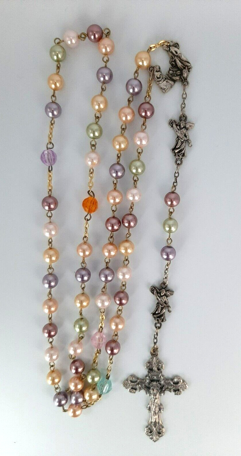 Rosary w/Silver tone Angels Holy Family Colored Faux Pearls/Beads, Made in Italy