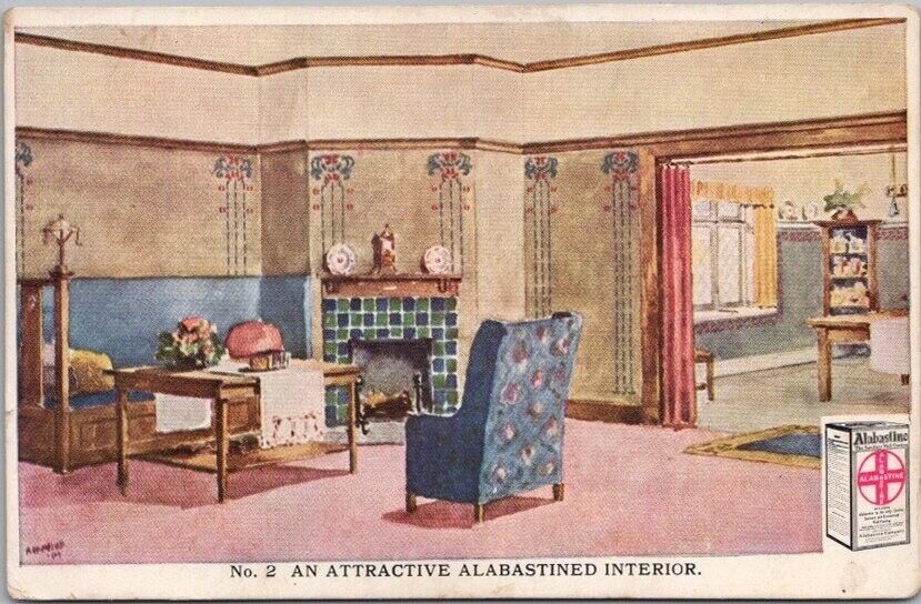 c1910s ALABASTINE Wall Coating Advertising Postcard No. 2 - House Interior