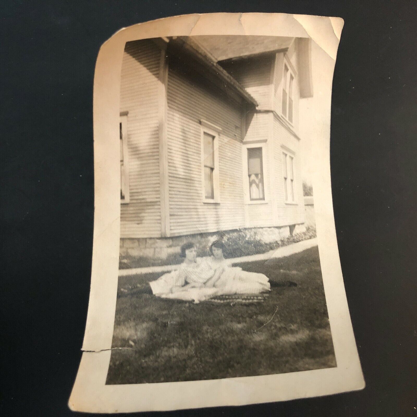 Antique Real Photo Snapshot Victorian House Lawn Lounging Pretty Girls Unusual 