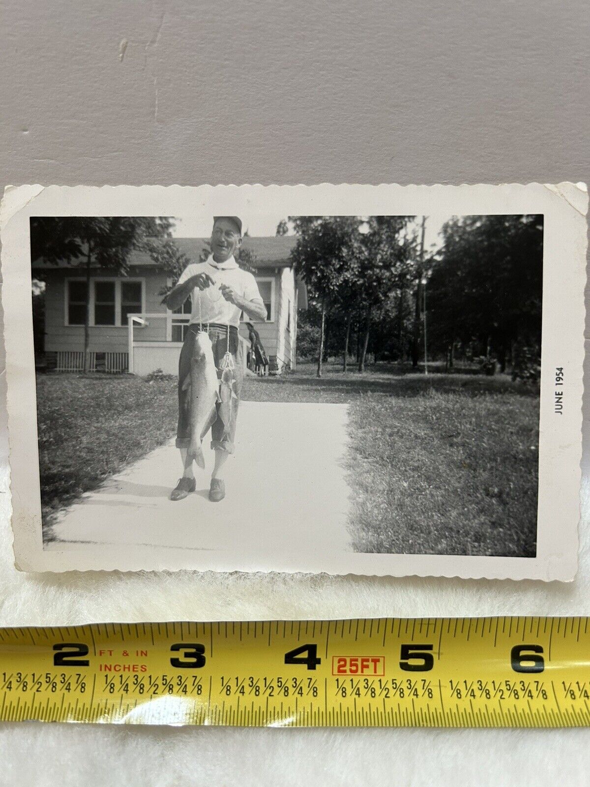 Vintage Photo Snapshot 1950s Man Holding Big Fish He Caught 
