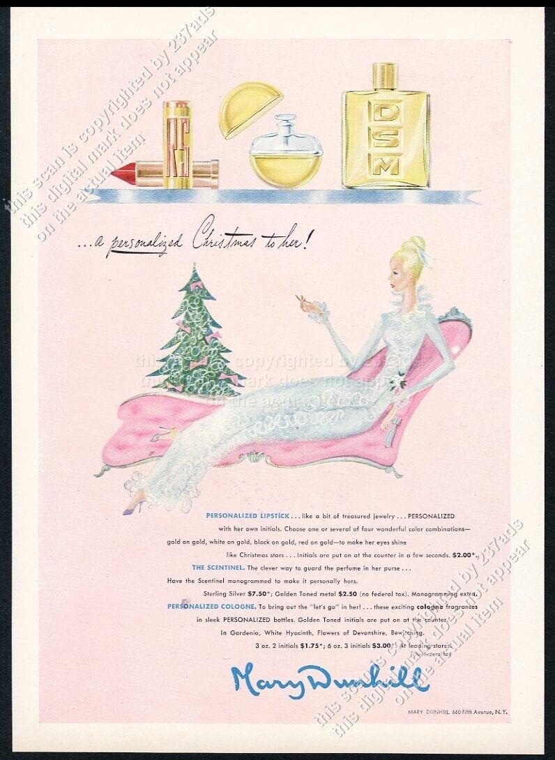 1947 Mary Dunhill lipstick perfume Christmas tree art vintage print ad