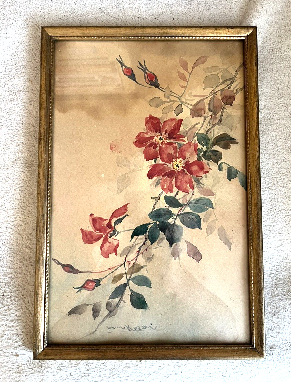 Antique Signed Asian Floral Watercolor Painting Gold Tone Framed 13\