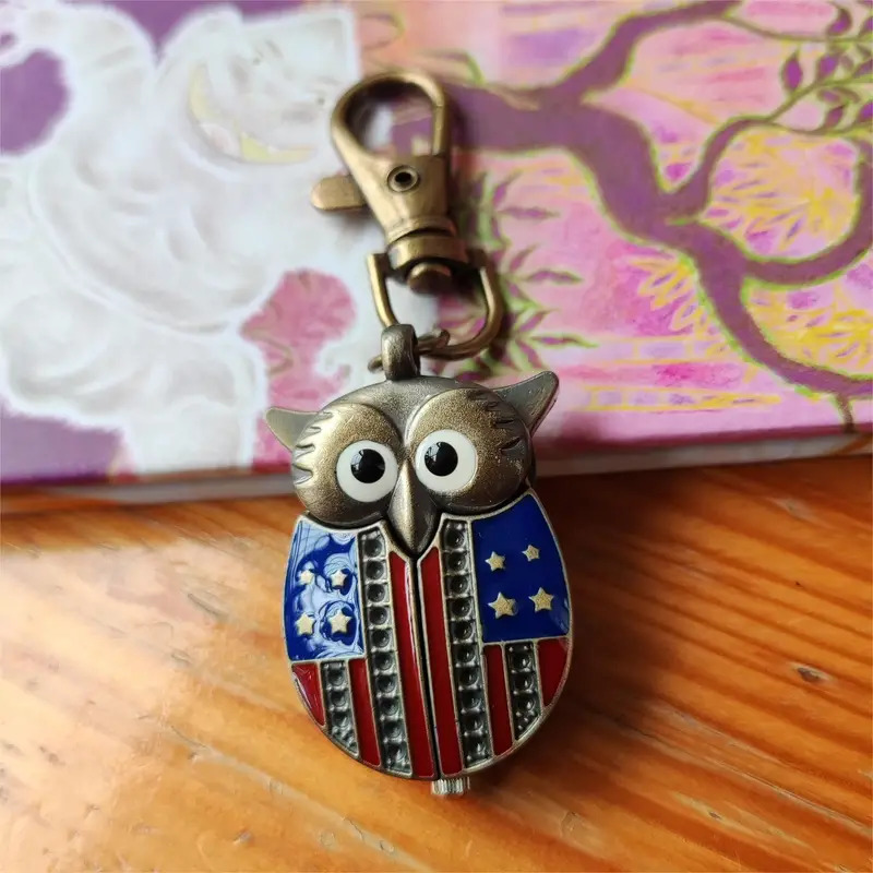 American Flag Owl Quartz Pocket Watch Clip Cute Animal Watch Fashion Trendy Gift