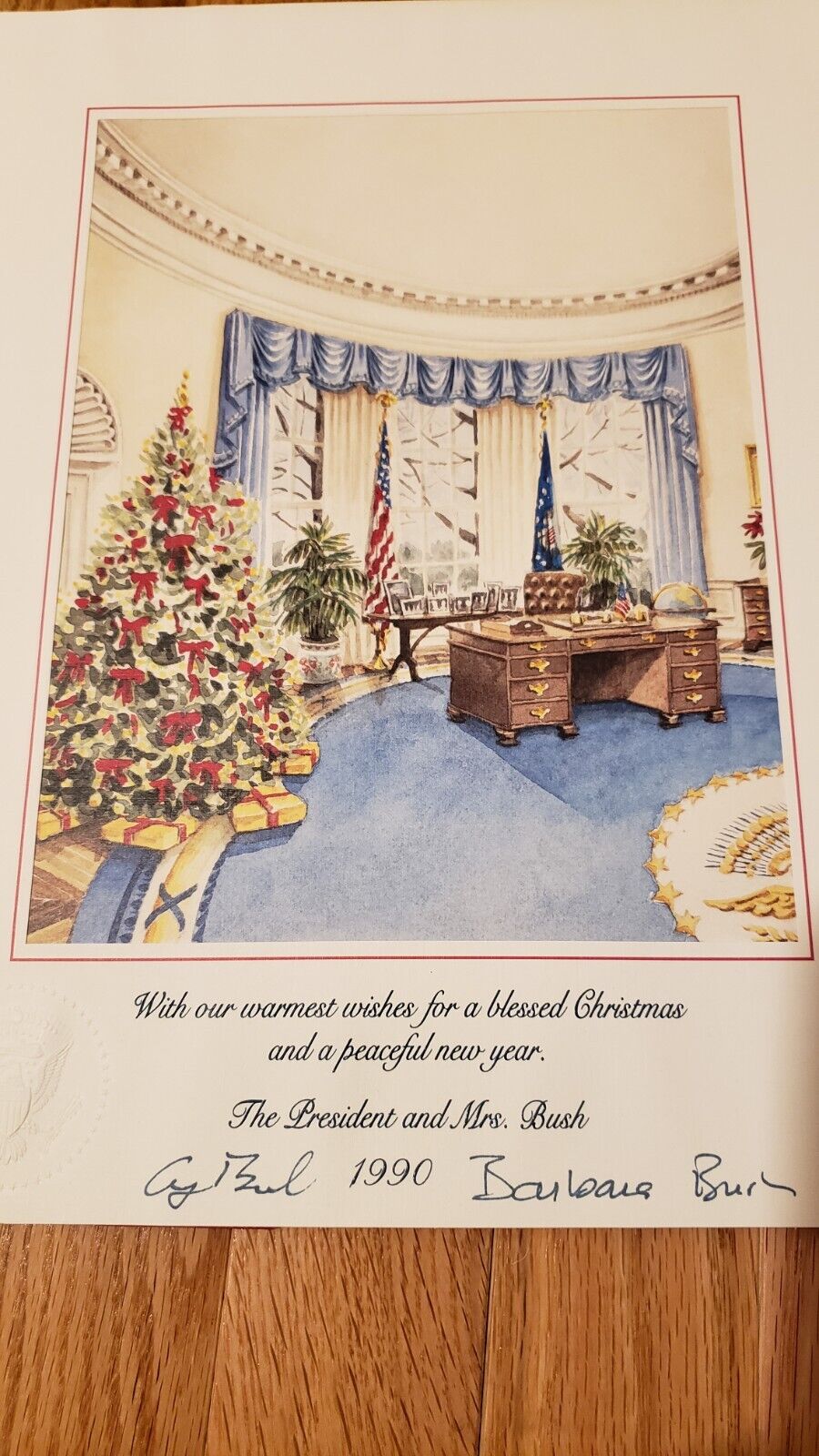 1990 President George HW Bush HAND SIGNED White House Christmas CARD /GIFT PRINT