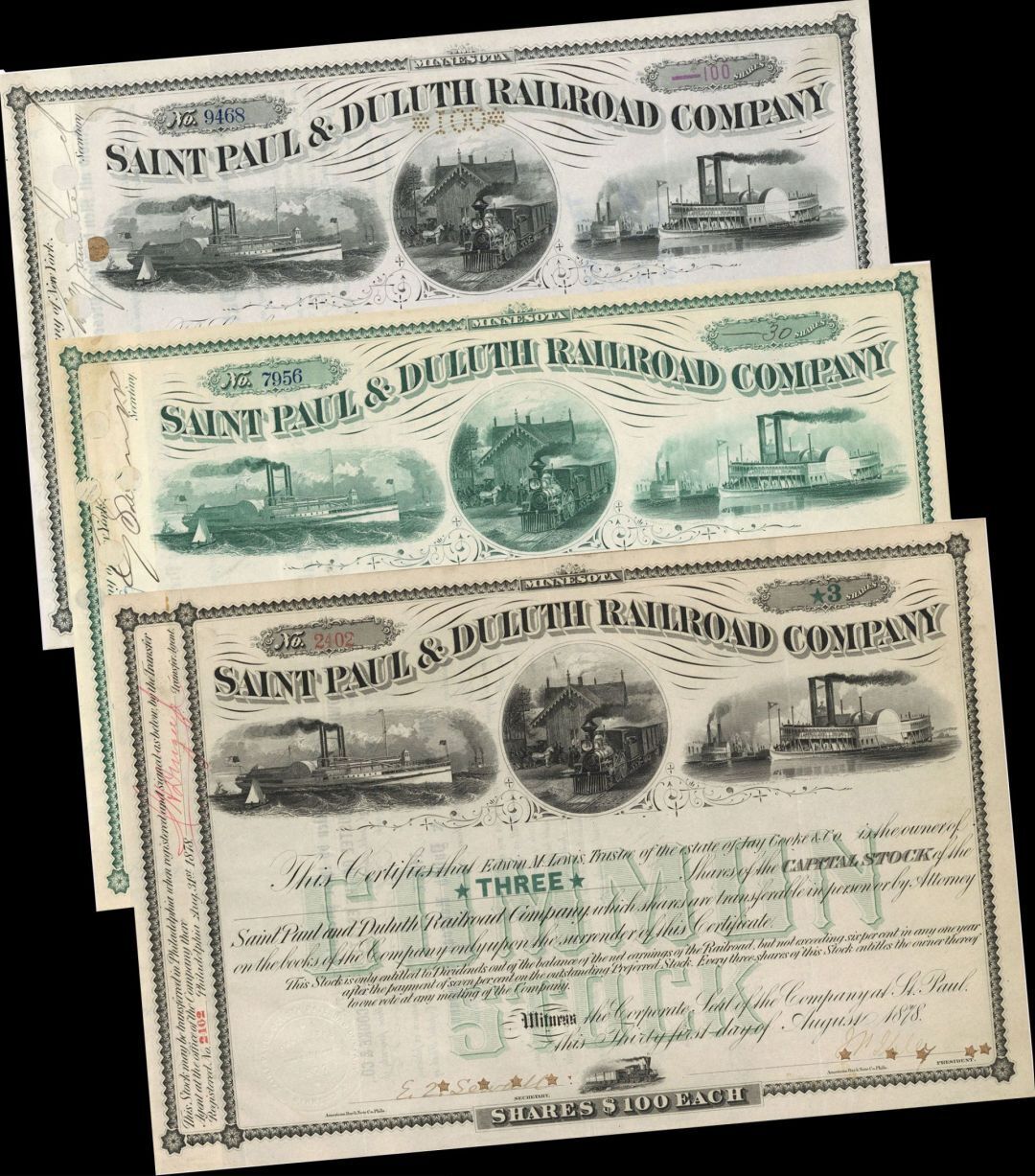 Set of 3 Stock Certificates of the Saint Paul and Duluth Railroad Co. - 1870's-9