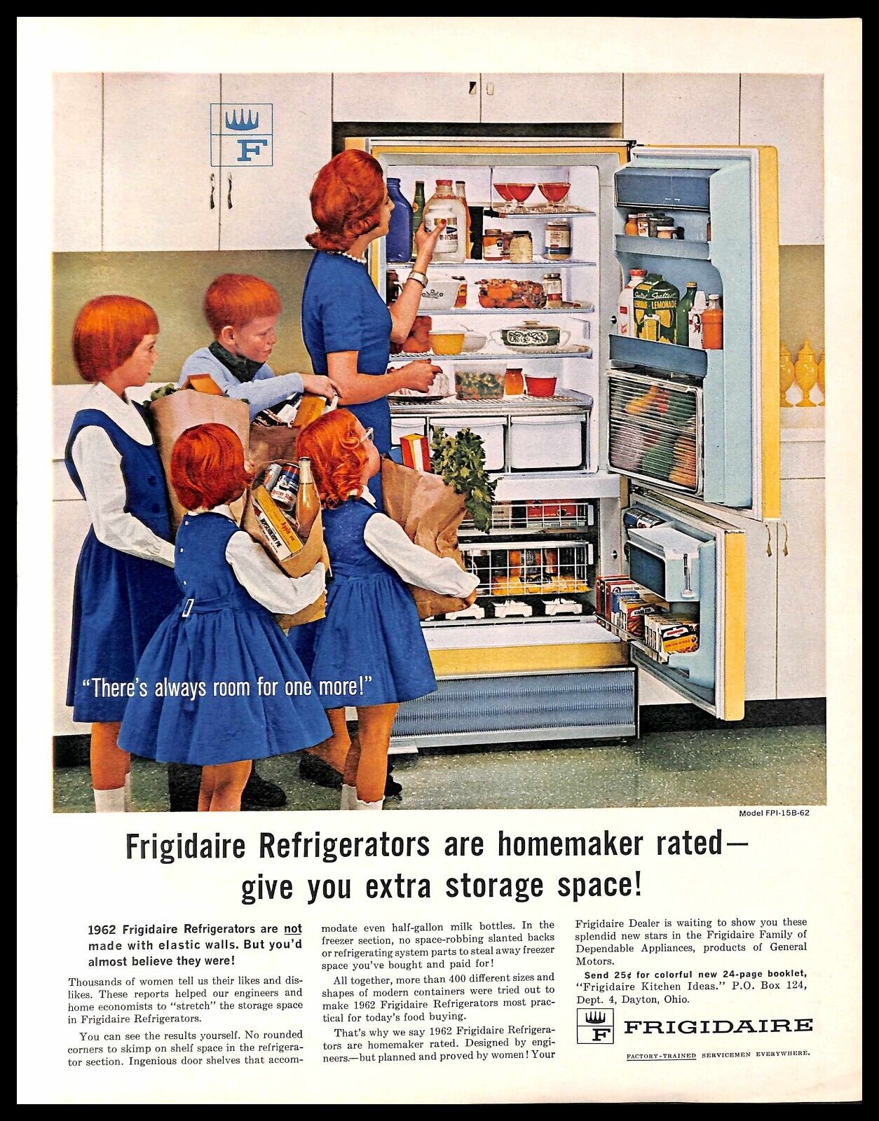 1962 Frigidaire Refrigerators Vintage PRINT AD Kitchen Big Family Redheads