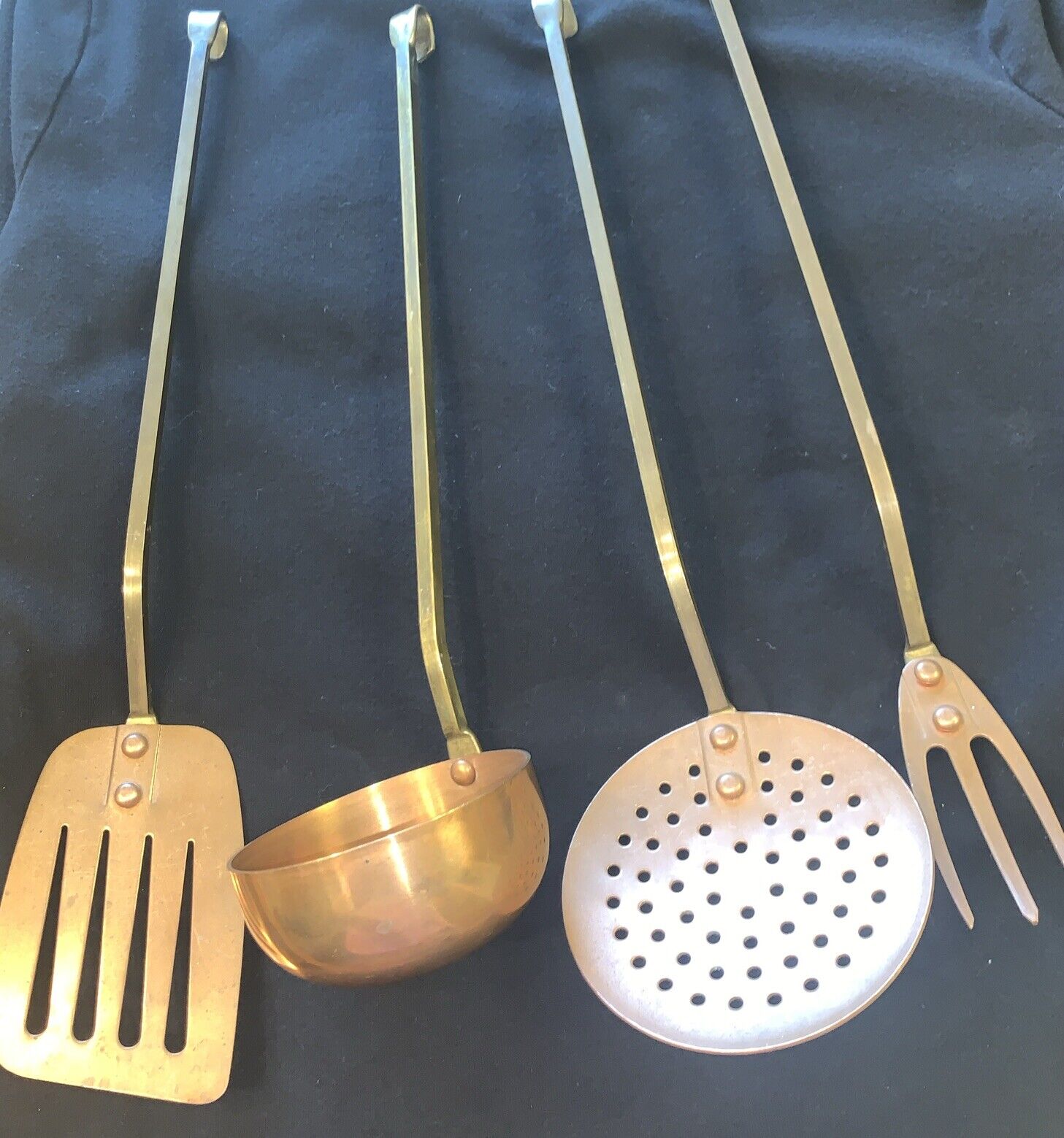 Vintage Set Of Brass Copper Utensils Skimmer, Fork, Spatula, Ladle