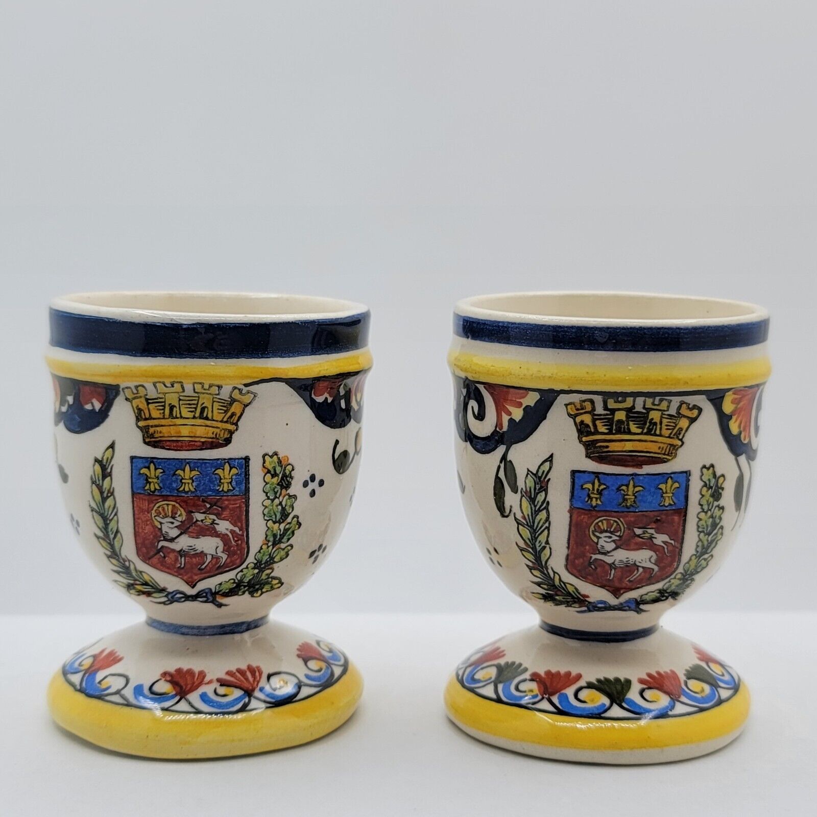 2-Vtg 1980 French Rouen Earthenware Egg Cups-Hand Painted Crest Faience Desvres