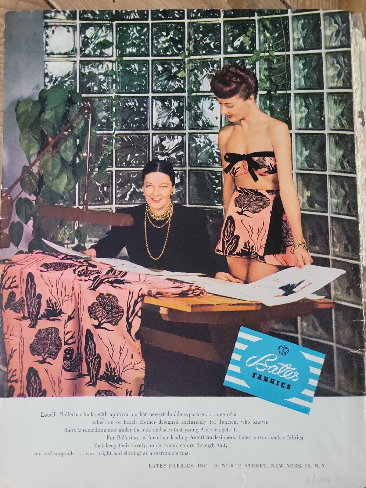 1946 Bates fabric womens Jantzen swimsuit Louella Ballerino vintage fashion  ad