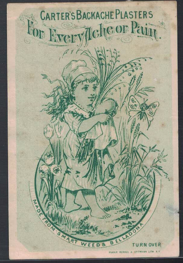 CARTERS BACKACHE PLASTERS Victorian Trade Card, 1880s-90s Belladonna Smart Weed