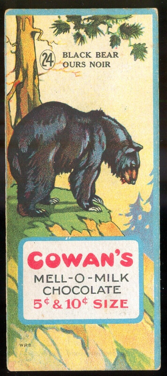 1920s BLACK BEAR Chocolate Card COWANS Animals V2 Cowan mell-o-milk CANADIAN #24