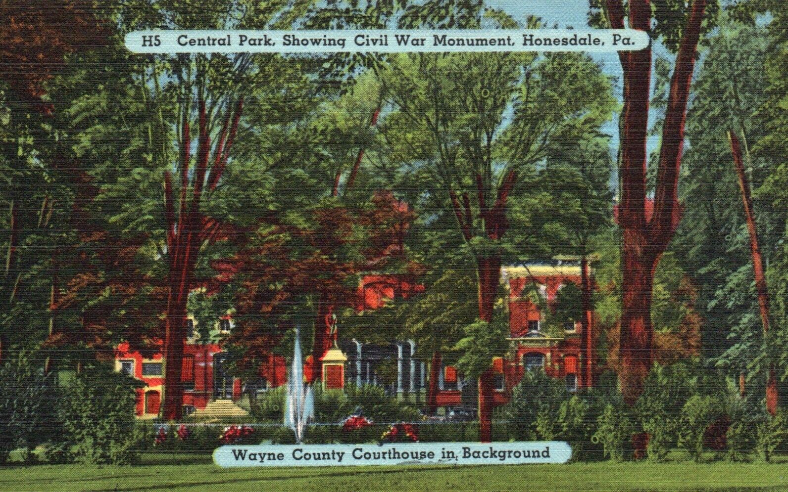 Postcard PA Honesdale Central Park Civil War Monument Linen Vintage PC b9541
