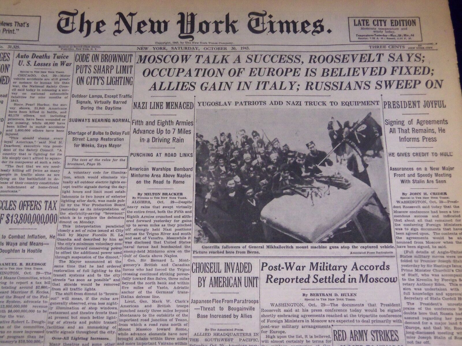 1943 OCT 30 NEW YORK TIMES - MOSCOW TALK A SUCCESS, ROOSEVELT, SAYS - NT 1896