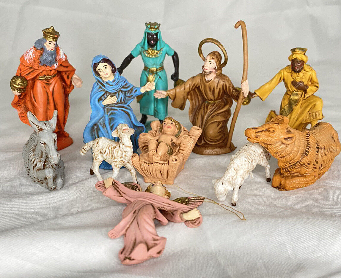 Vintage Nativity Hard Plastic Made In Italy 11 pc. COW DONKEY SHEEP Angel +