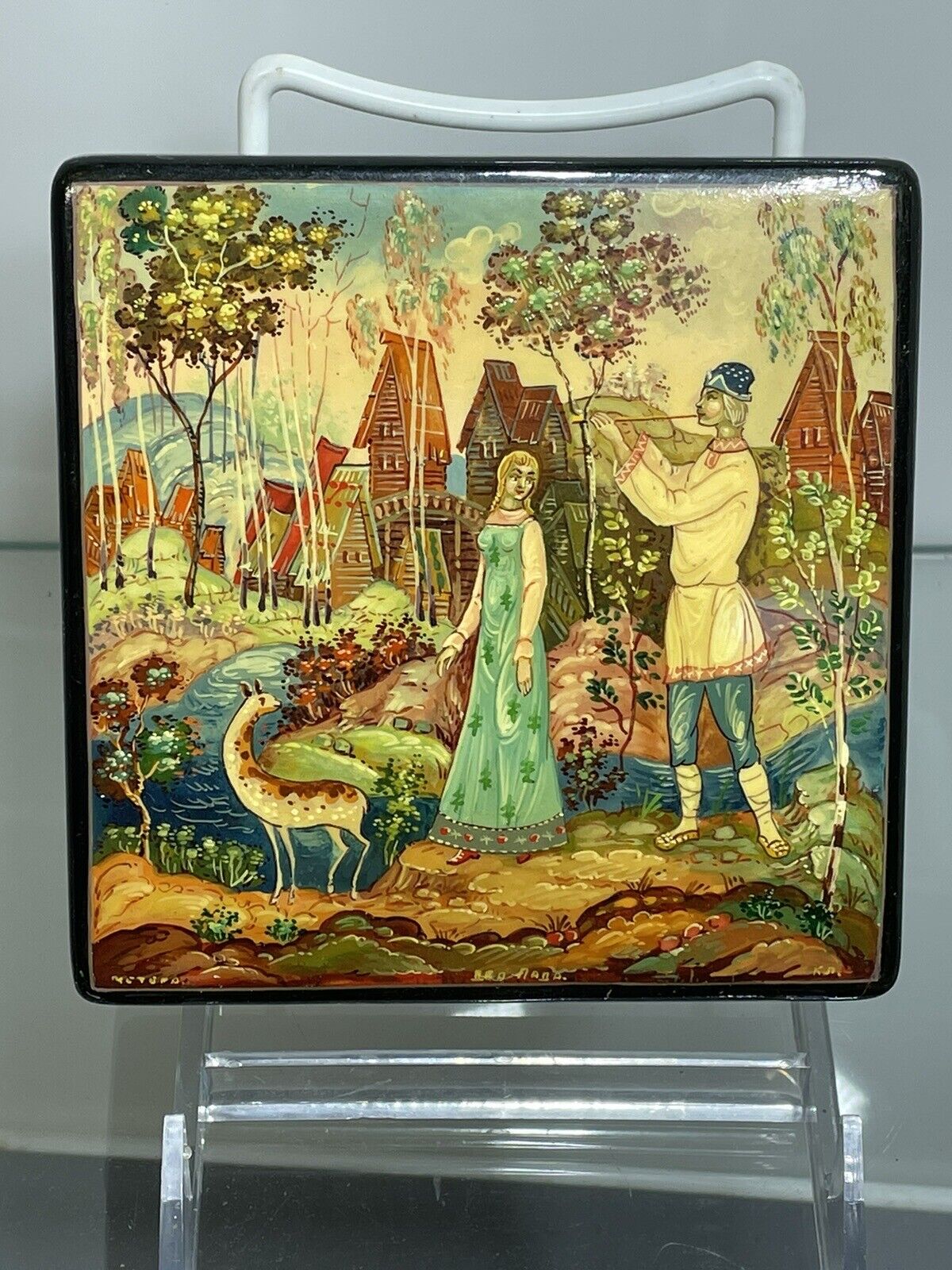 Vintage Fedoskino Russian Lacquer Box Signed Magic Flute Mstyora 1970\'s 4.5x4.5\