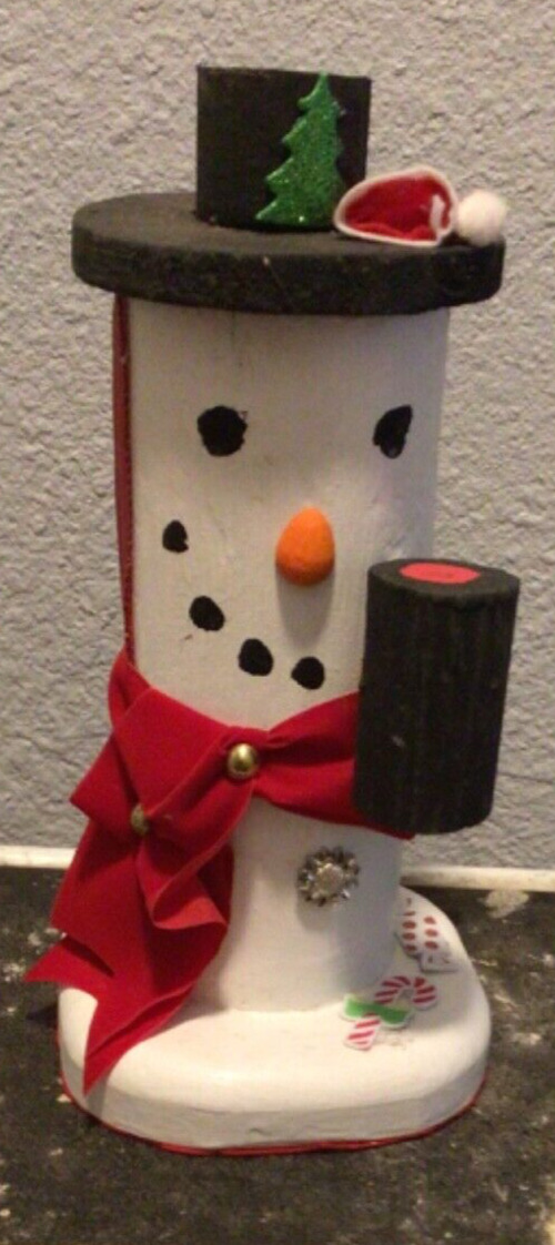 White 10” log snowman with black pipe and top hat w red scarf handcrafted