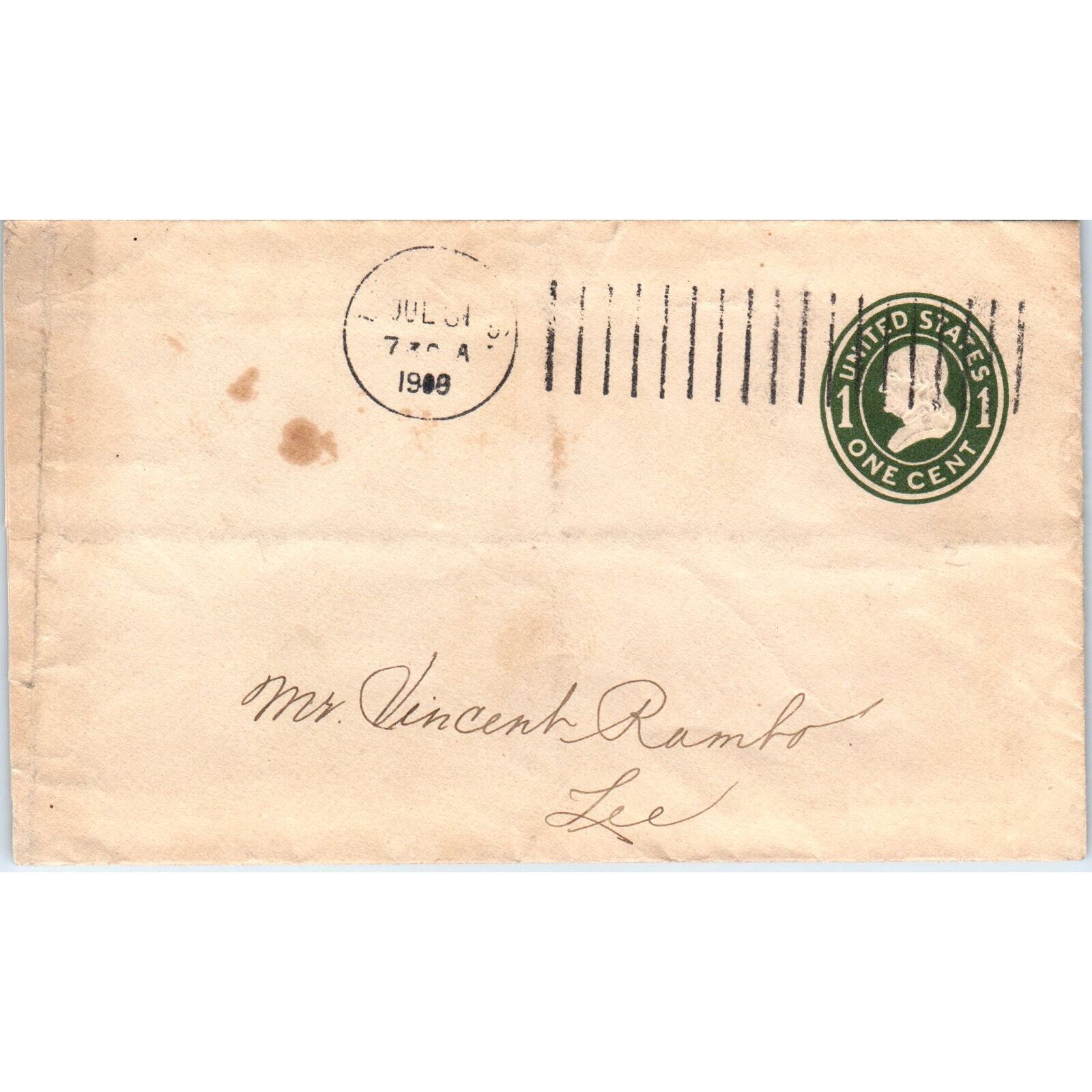 1908 Mr. Vincent Rambo Lee Postal Cover Envelope TG7-PC2