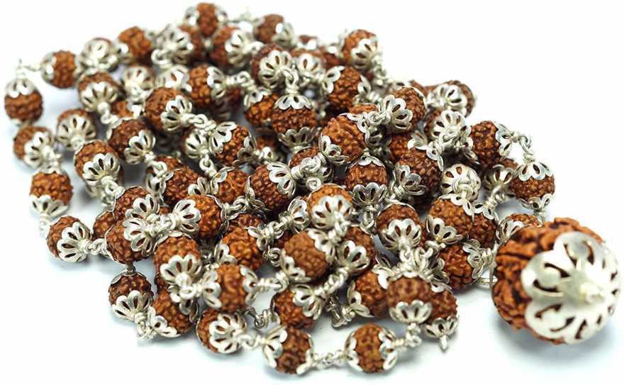 Lot 10 Rudraksha Mala 108+1 Beads 5 mukhi mala with Silver Capping Beads Stone