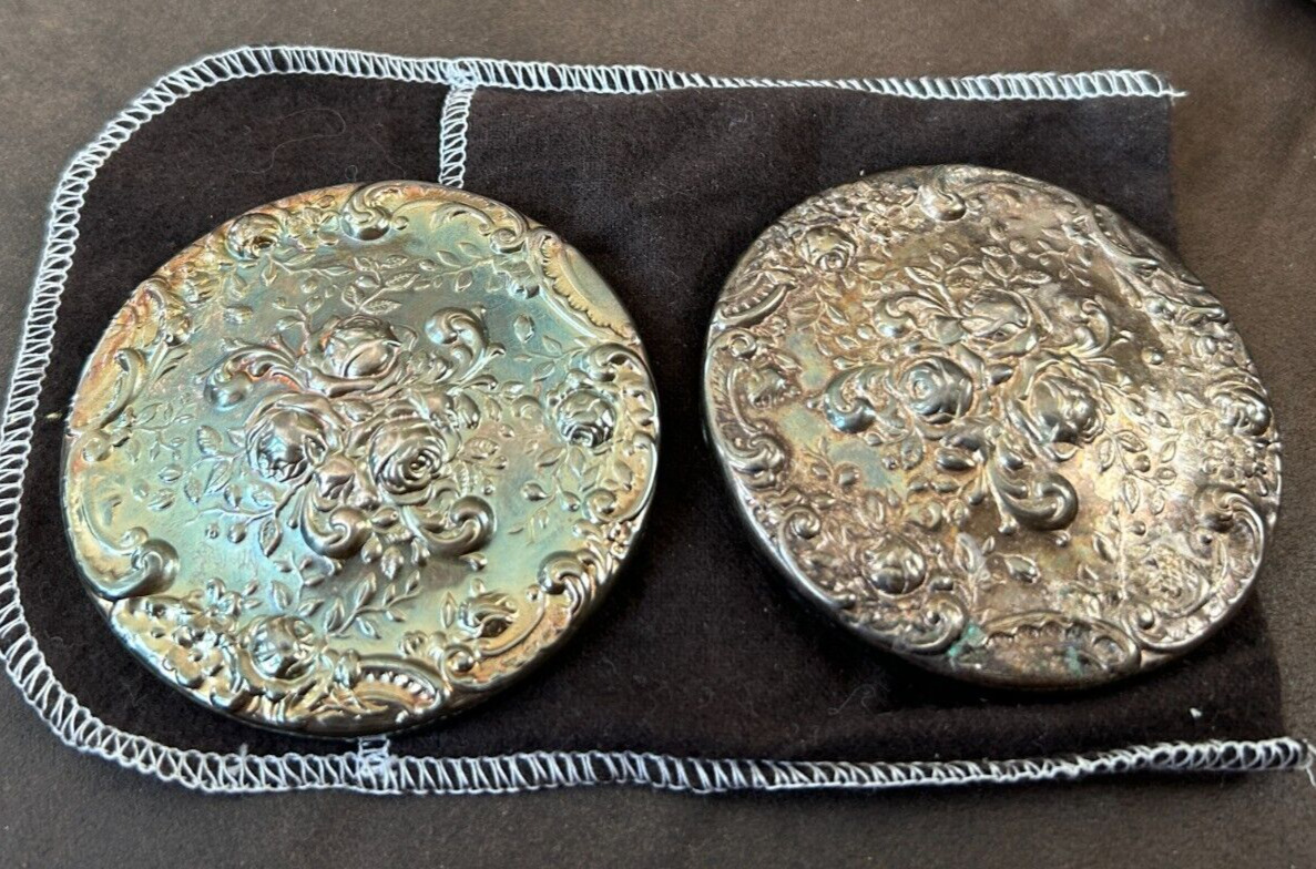 Pair of Vintage Silver Plate Embossed Ornate Hand Mirror Compacts 3.00” w/bag