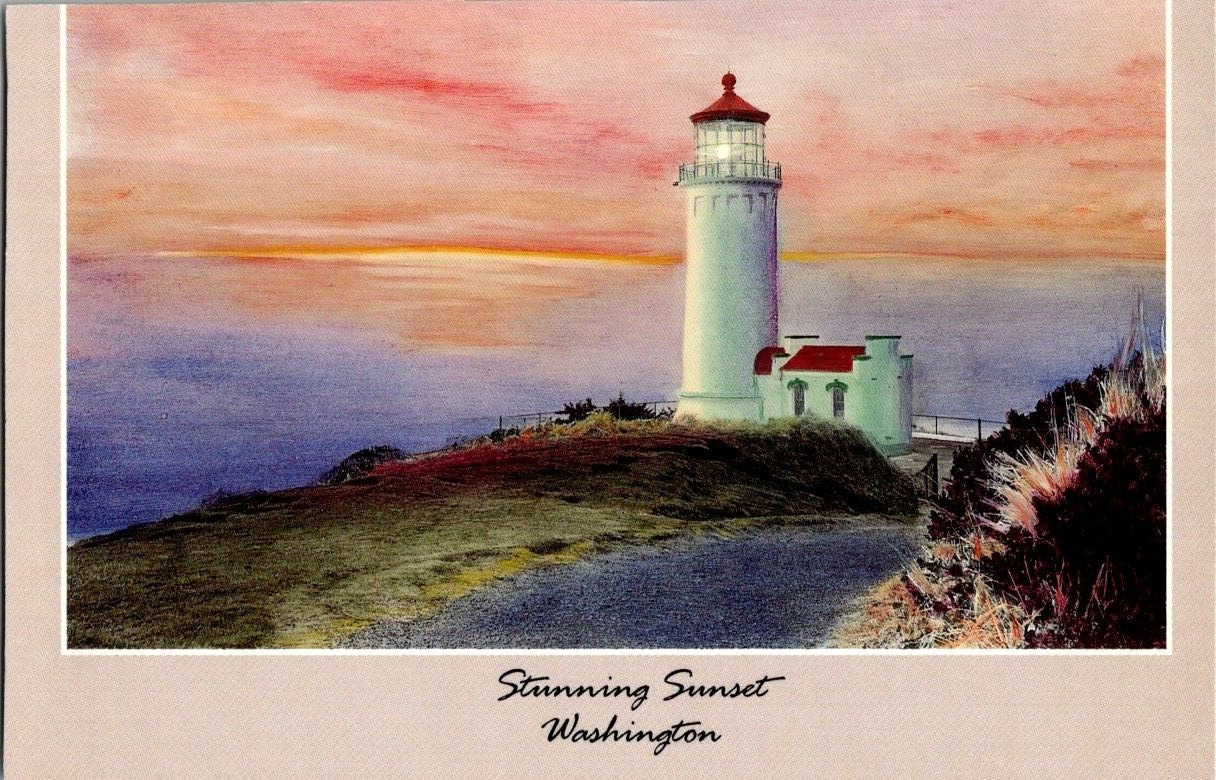 Washington State USA Postcard - Scenic View Stunning Sunset Lighthouse 1990s