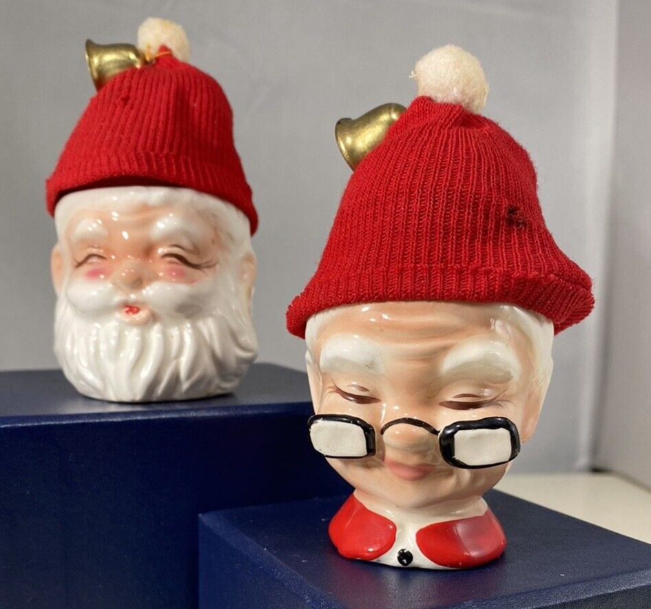 VTG Japan Mr & Mrs Claus Ceramic Egg Cup Holders w/2 Red Fabric Bell Hats PHOTOS