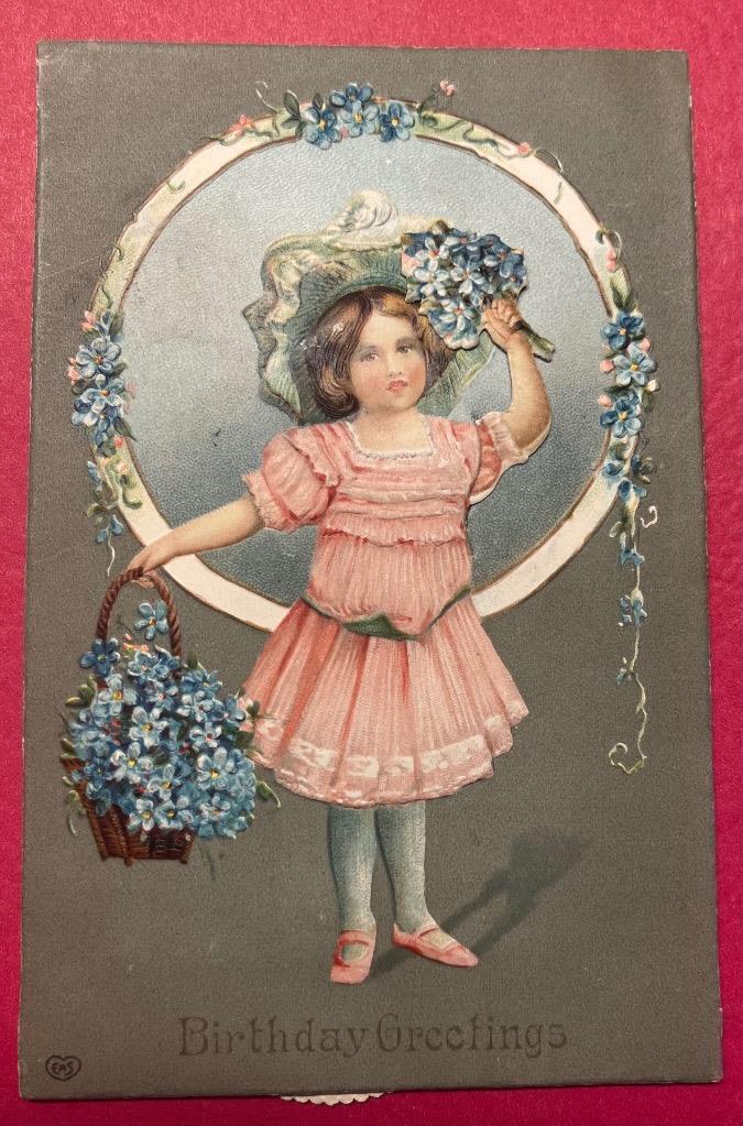 1908 rare MECHANICAL Little Girl FLOWER Bouquet Germany embossed postcard