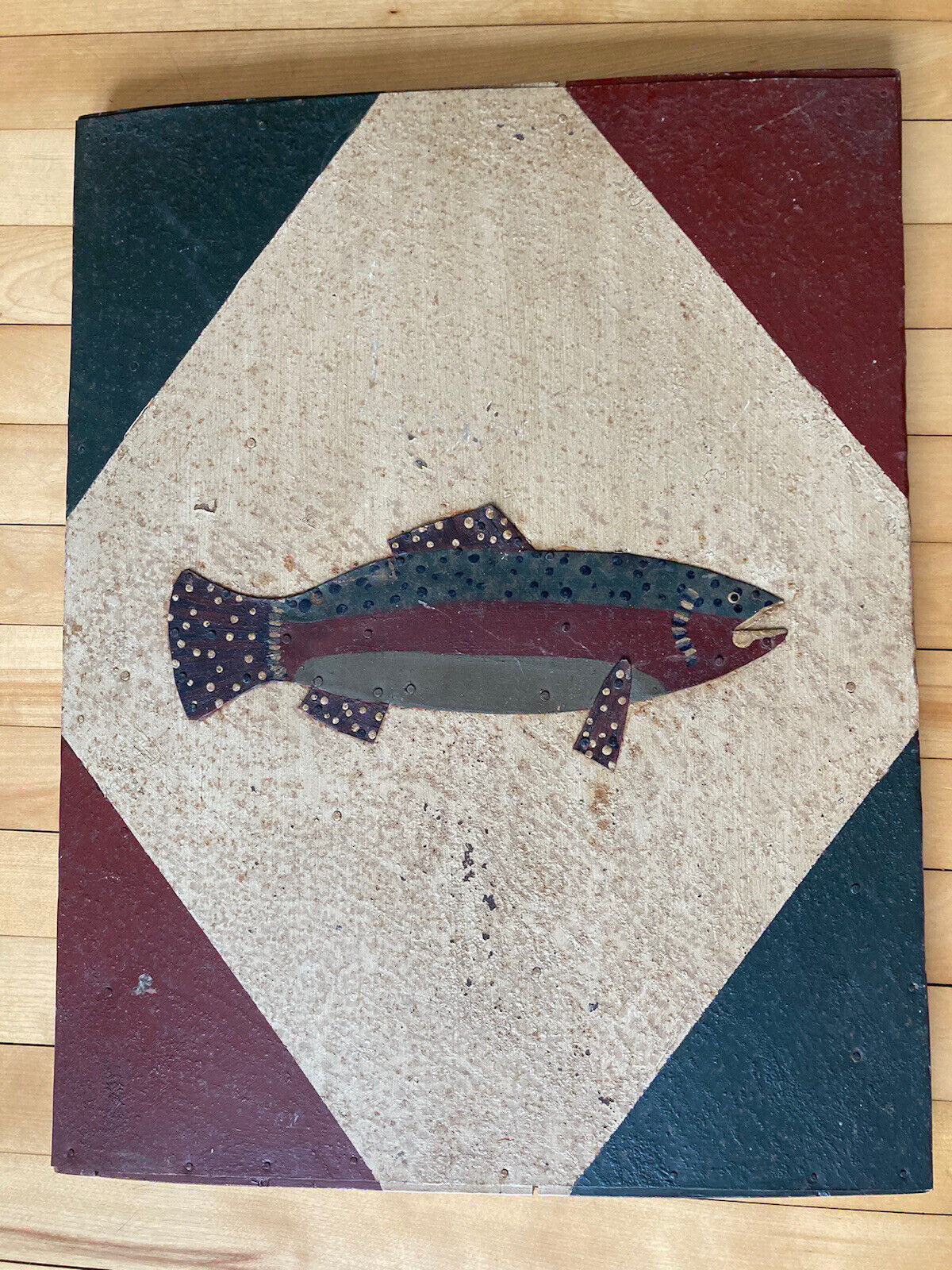 NICE Antique 19th C salmon trout fishing store wood Trade Sign folk art 22x17”