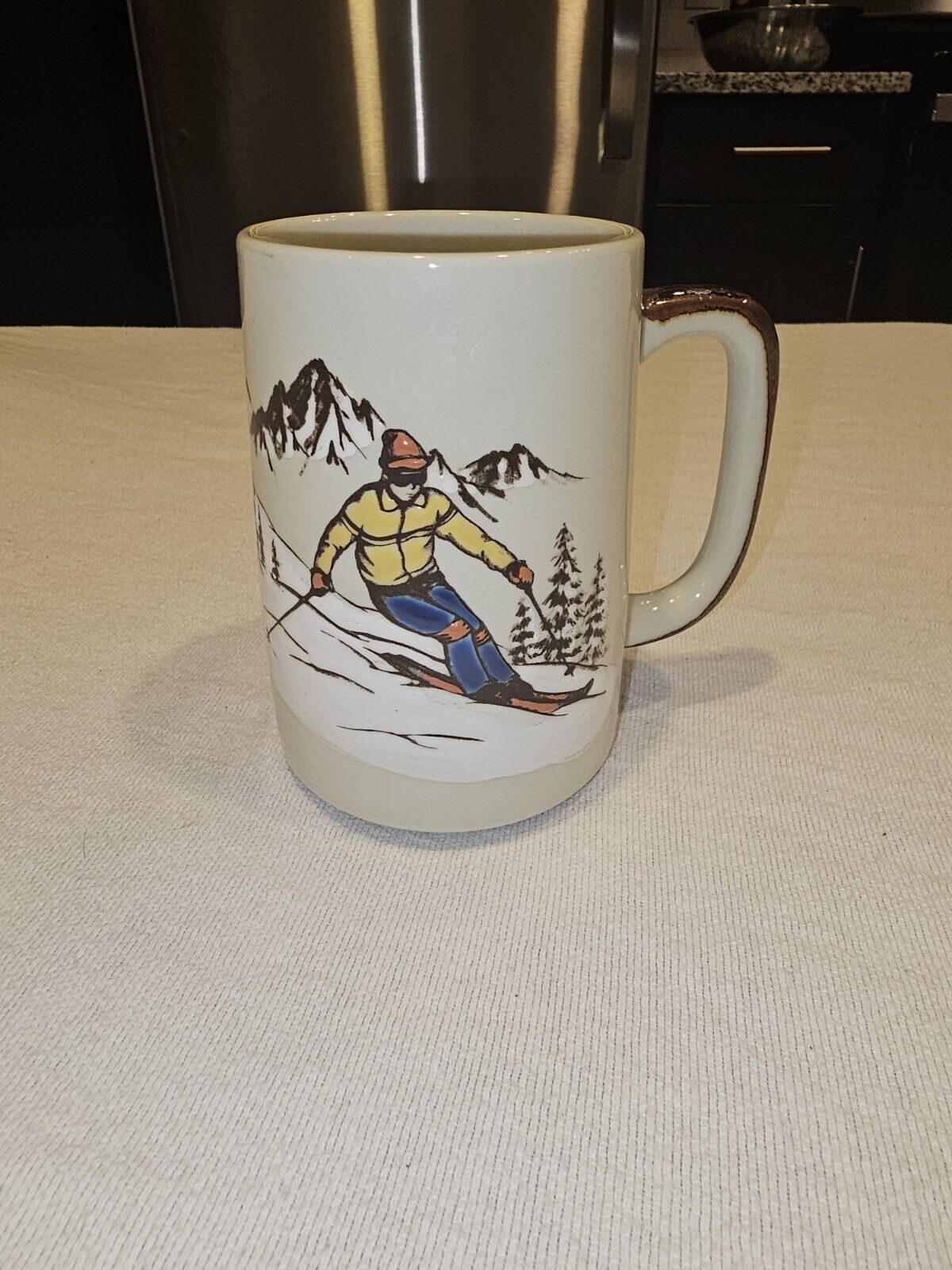 Otagiri Stoneware Coffee Mug Embossed Skier Mountain Pine Tree Snow EUC Vtg