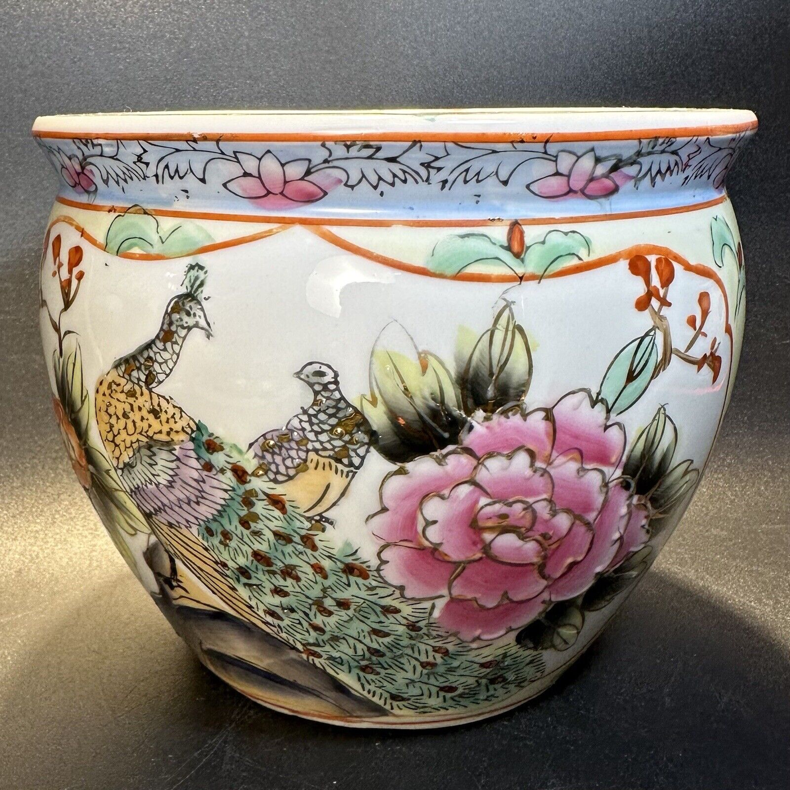 Vintage Chinese Polychrome Enamel Porcelain Koi Fishbowl Planter Jardiniere 5”